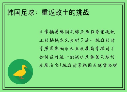 韩国足球：重返故土的挑战